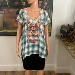 Johnny Was plaid embroidered tunic